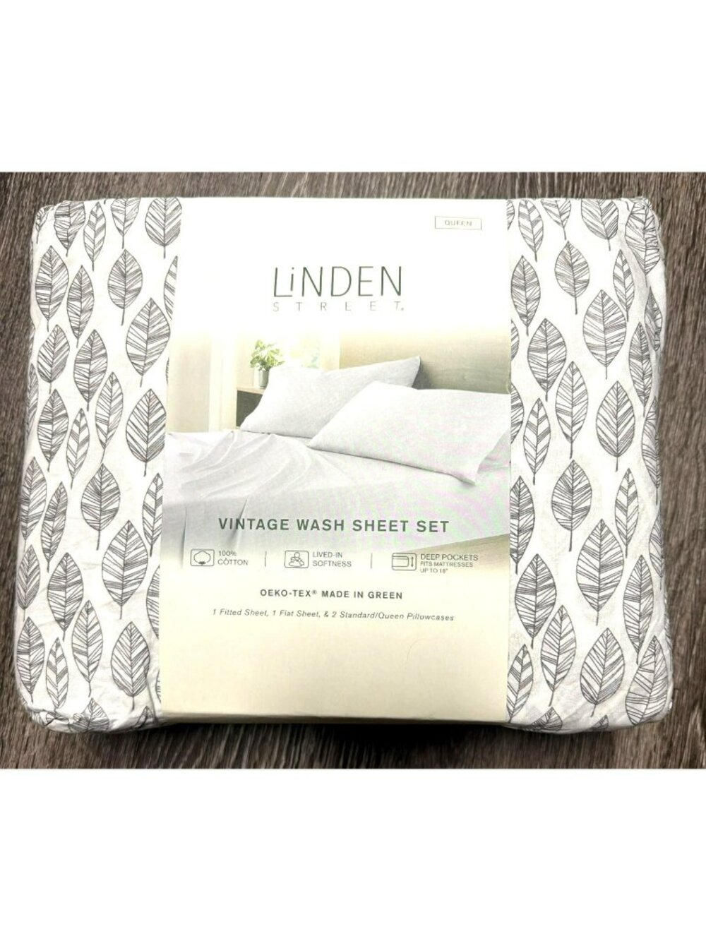 Linden Street Queen Sheet Set 100% Cotton Leaf Pattern Deep Pockets 18 Inches
